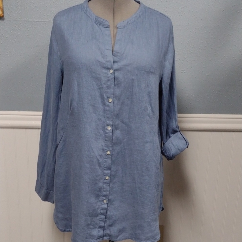 Sigrid Olsen 100%Linen Blue Long Sleeve Button Down Shirt Tunic, Beachy,Bohemian